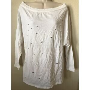 Black Bead White Distressed Cutout Dolman Pullover 3/4 Sleeve Women’s Top Size M